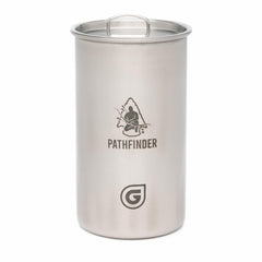 The Pathfinder School Geopress Nesting Cup with lid on for efficient camp cooking.