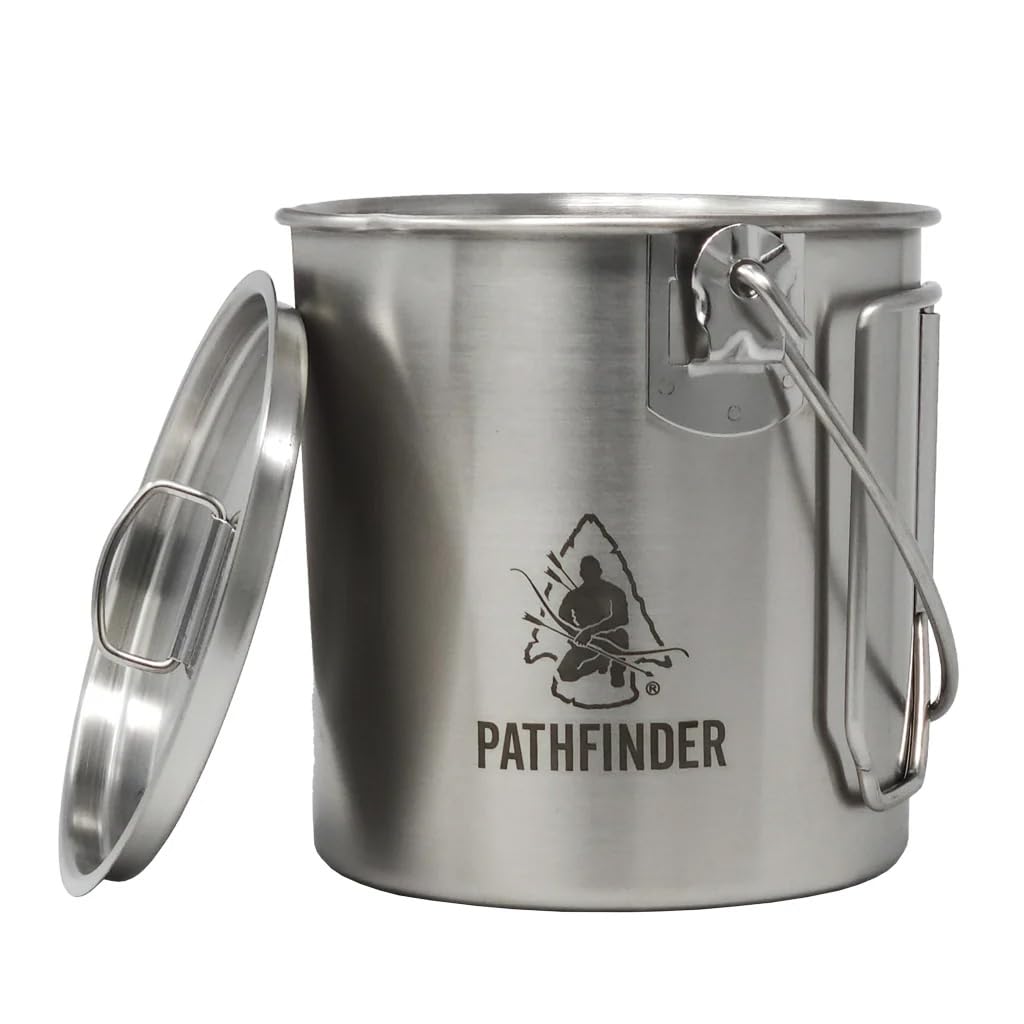 Pathfinder stainless lid with D-ring ensures secure handling and easy stacking during camp cooking.