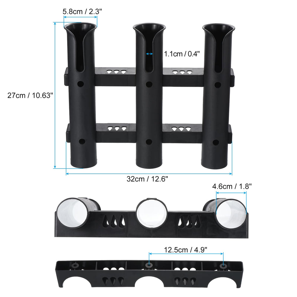 Close-up of 3-tube linked rod holder showing reel slots