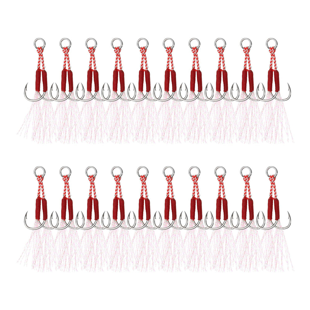 PATIKIL double assist hooks glow green for better underwater visibility during jigging.