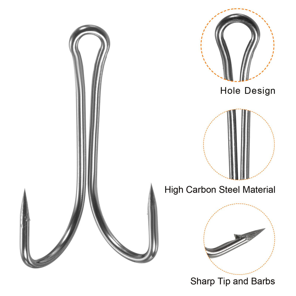 PATIKIL Double Fish Hooks size 8 close-up featuring top line-hole for fast rigging