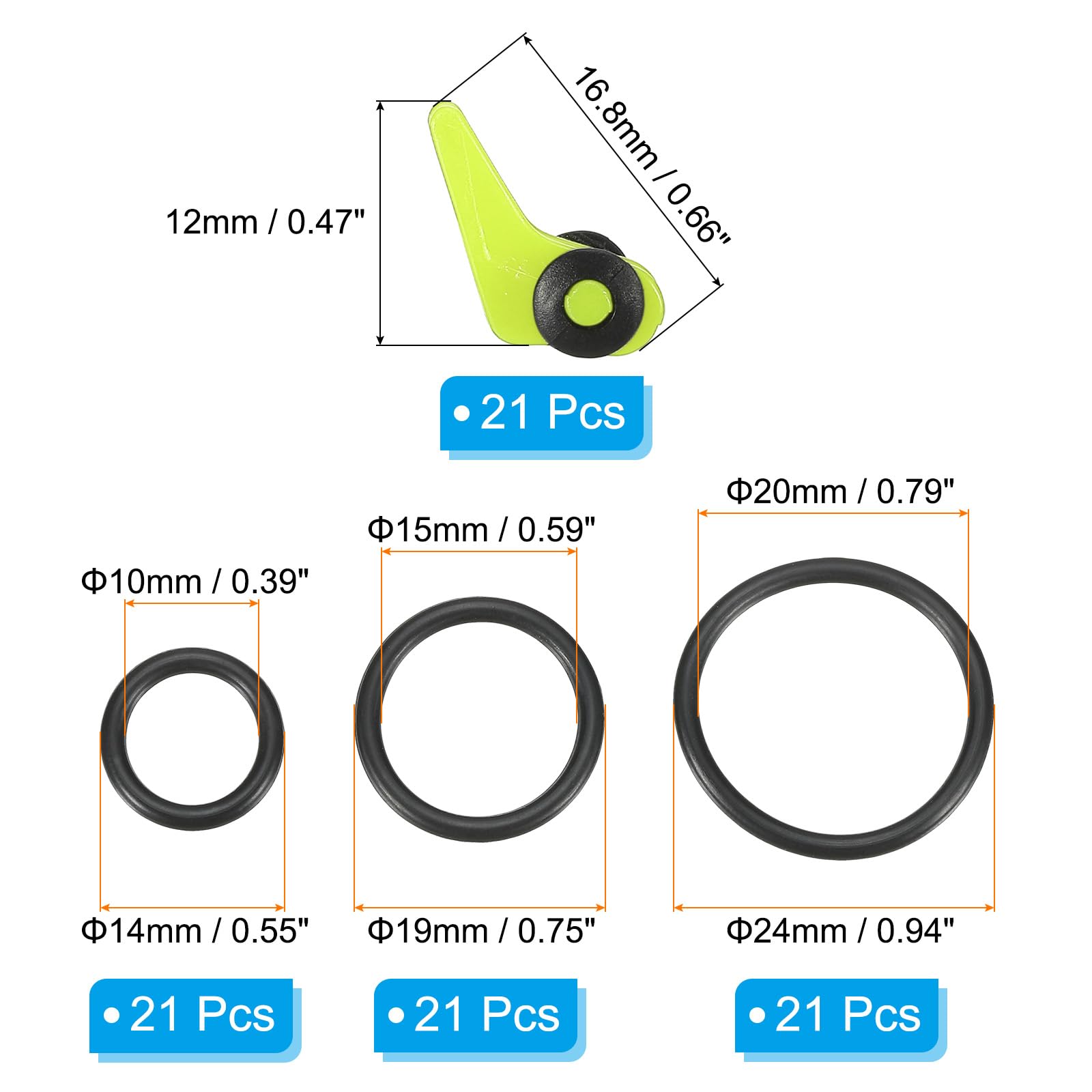 PATIKIL hook keeper shown with three rubber ring sizes for secure fit.