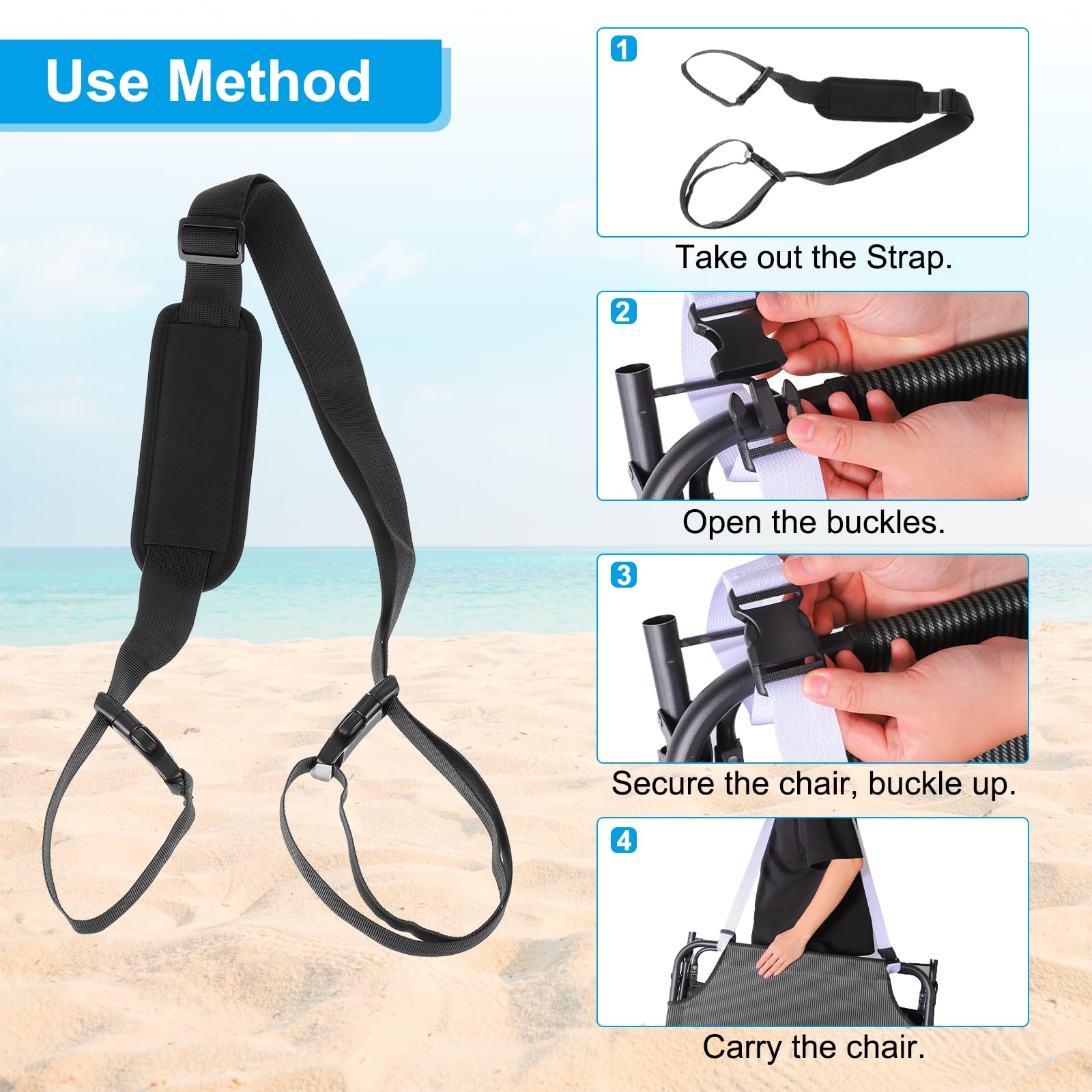 Wraps around chair legs for hands-free carrying.