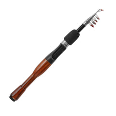 PATIKIL telescopic fishing rod assembled in black and wood, ready for travel and field use.