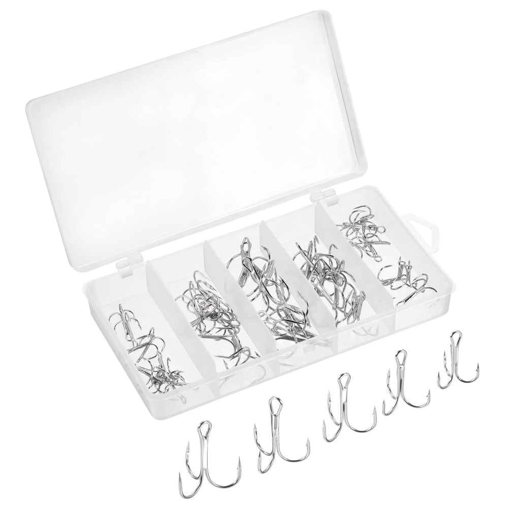 PATIKIL treble hooks kit metal close-up highlights durable carbon steel construction for versatile fishing.