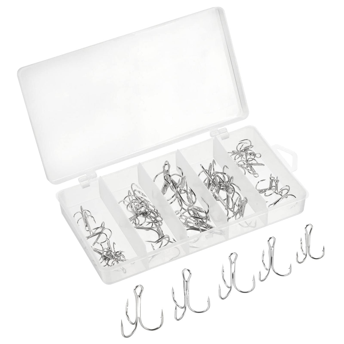 PATIKIL treble hooks kit metal close-up highlights durable carbon steel construction for versatile fishing.