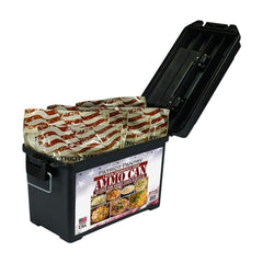 Patriot Pantry meals including mac and cheese and creamy chicken inside the ammo can.