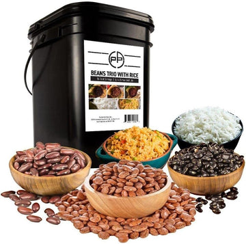 Patriot Pantry Ready Hour beans trio with rice bucket for emergency storage and quick meals.