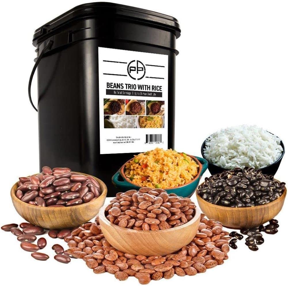 Patriot Pantry Ready Hour beans trio with rice bucket for emergency storage and quick meals.