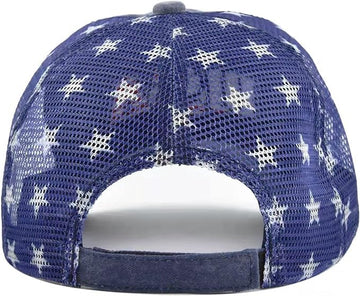 Blue patriotic cap with mesh panels, side view
