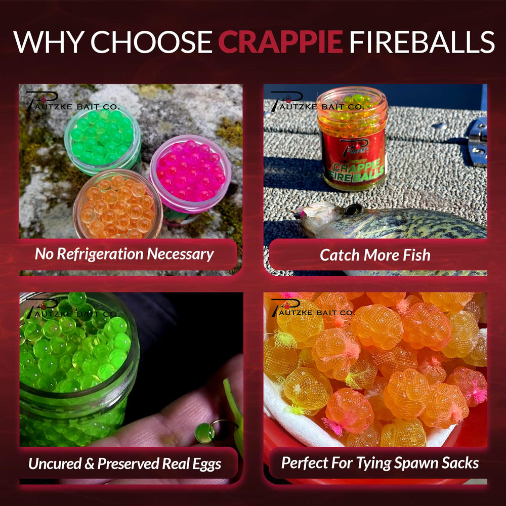 Pautzke Crappie Fire Balls salmon egg juice provides natural aroma.