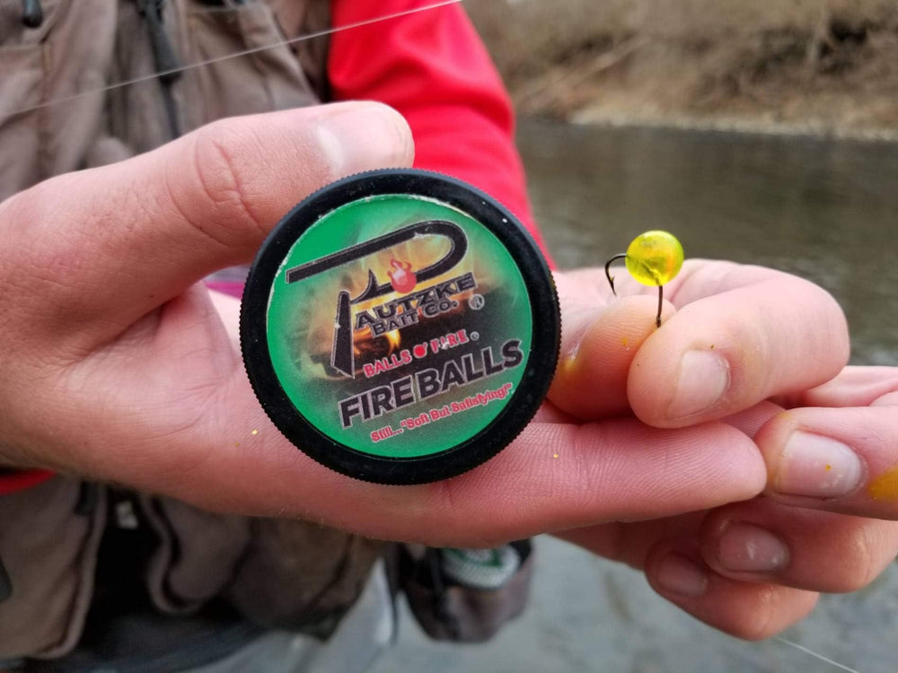 Pautzke Bait Fire Balls Brown Trout 1.65 oz – product image on hook