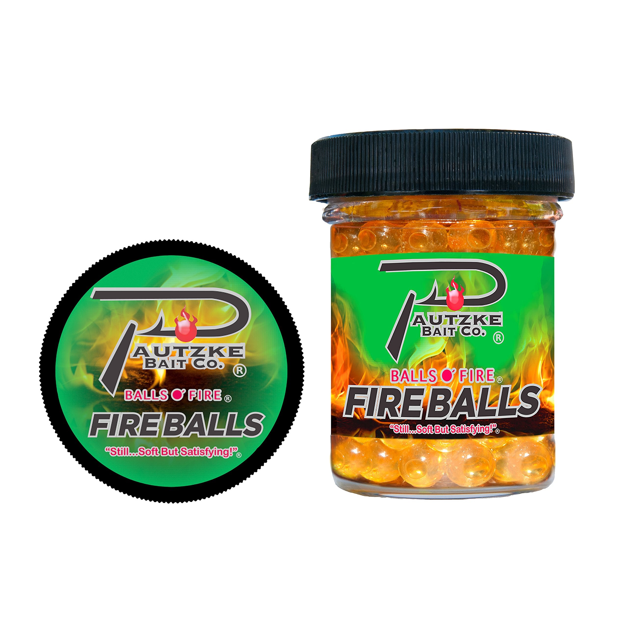 Pautzke Fire Balls Gold/Garlic on-hook image shows long-lasting attraction.