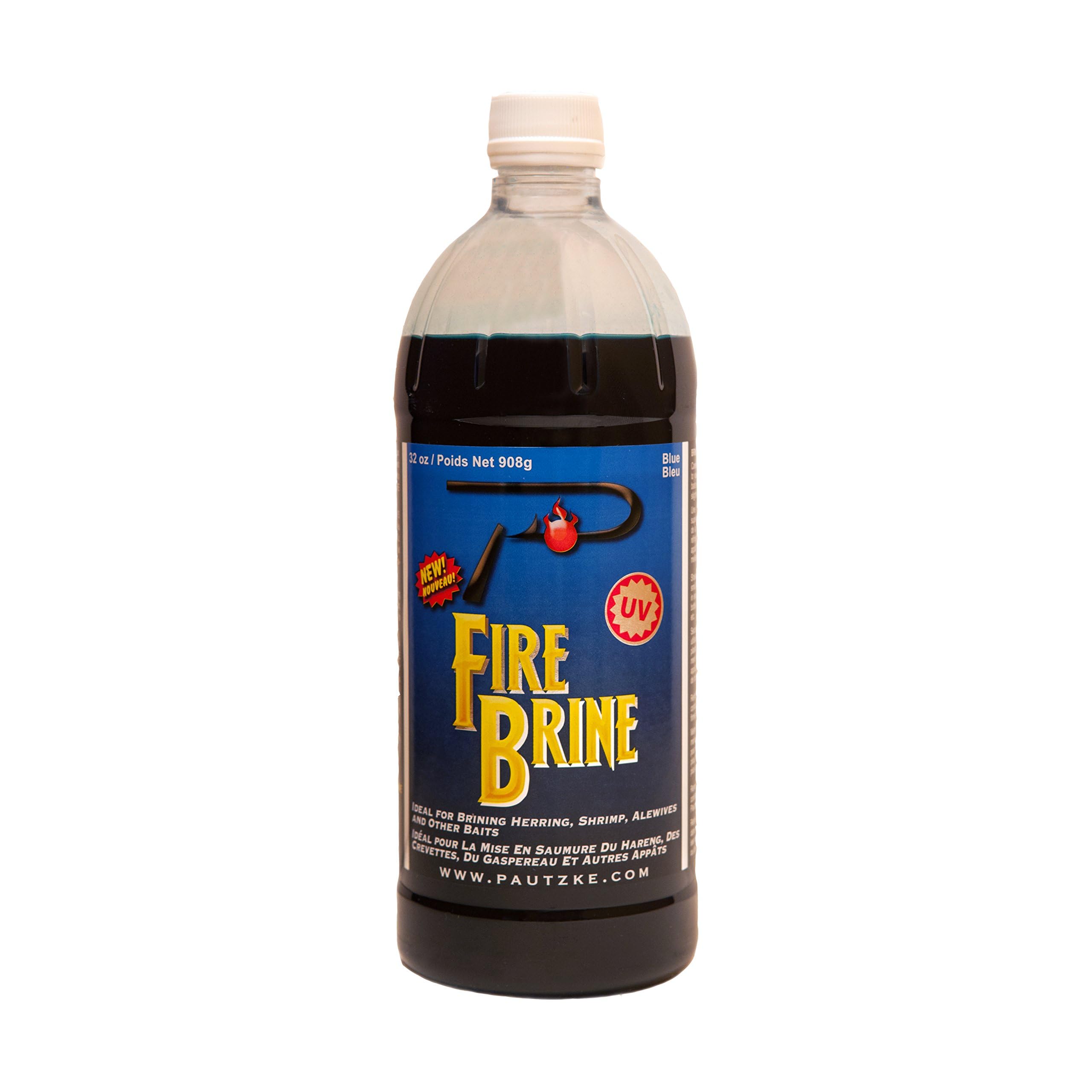 Pautzke Bait Fire Brine Blue 31 oz bottle front shows vibrant color for visibility