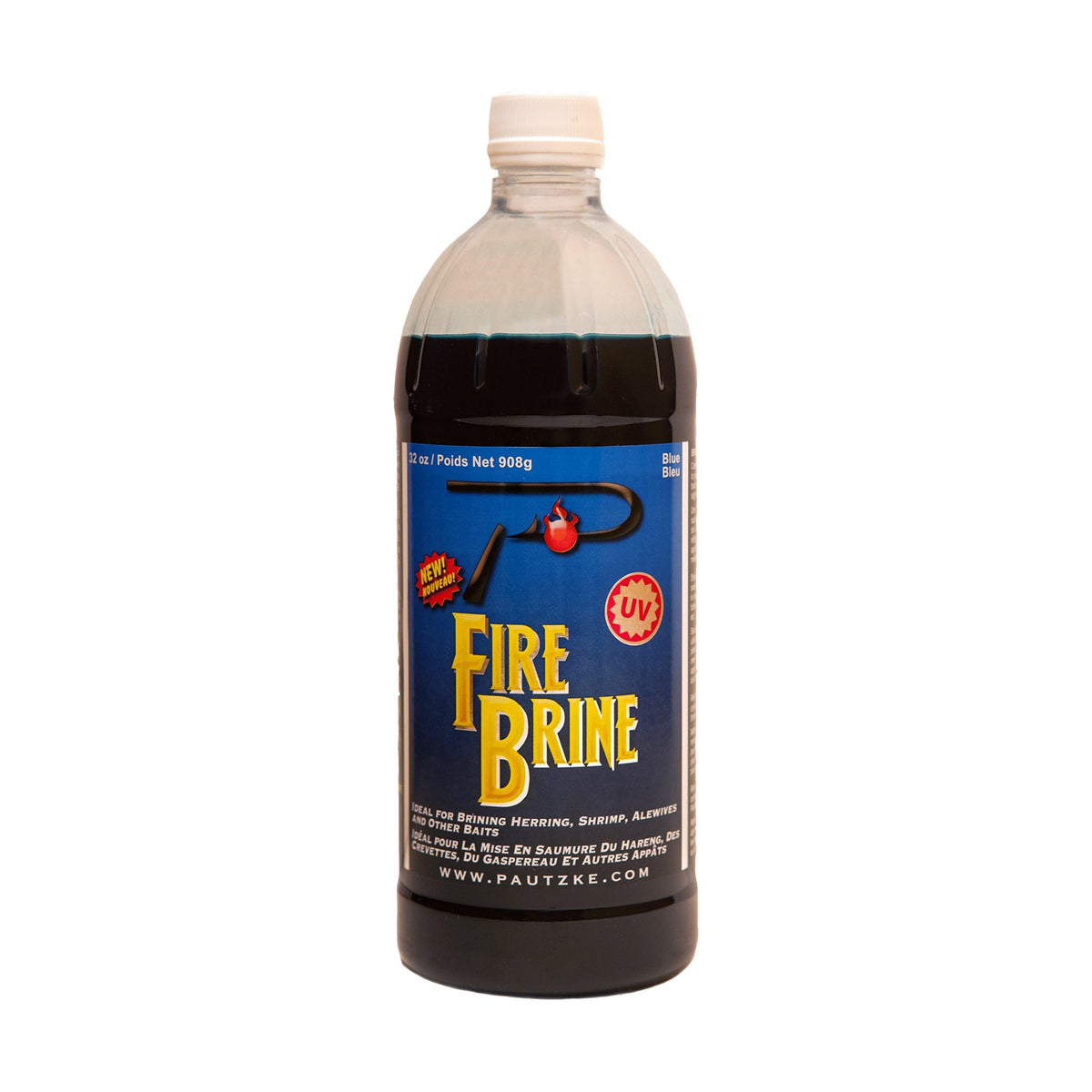 Pautzke Bait Fire Brine Blue 31 oz bottle front shows vibrant color for visibility