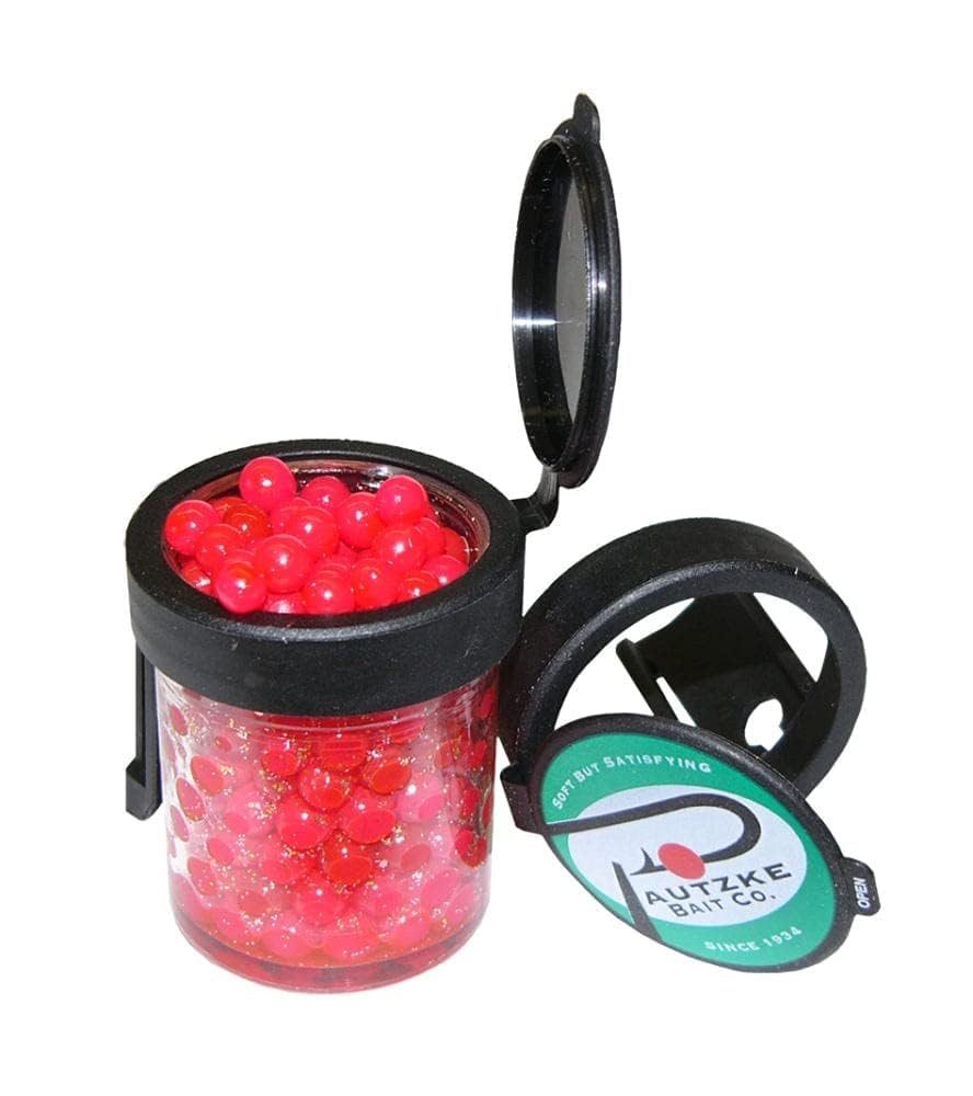 Pautzke Egg Lug attached to belt with salmon eggs jar