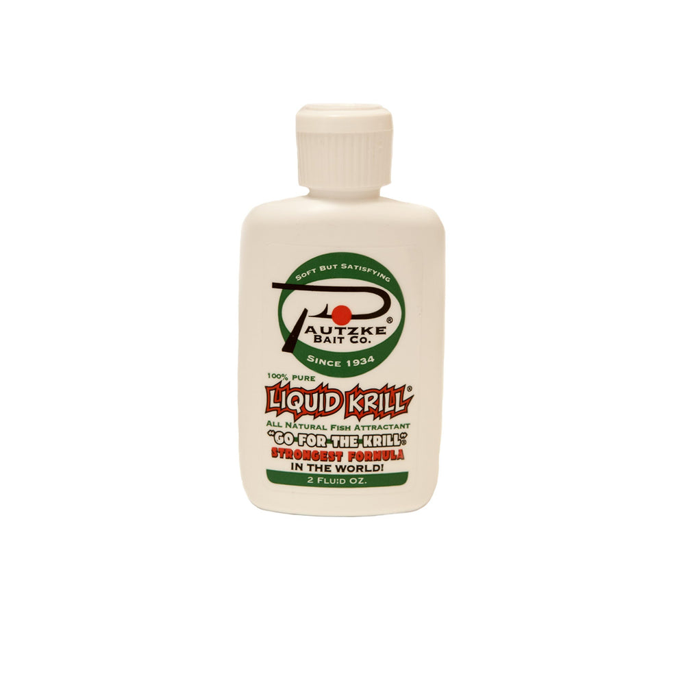 Pautzke Liquid Krill 2oz bottle front view for travel-ready scent application.