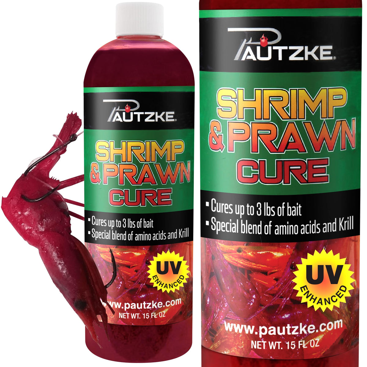 Pautzke Shrimp & Prawn Cure bottle with red label