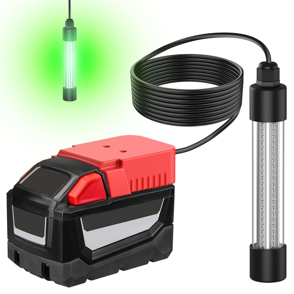 Pawfly 13W LED Green Fishing Light connected to Milwaukee 18V battery (not included) - front view