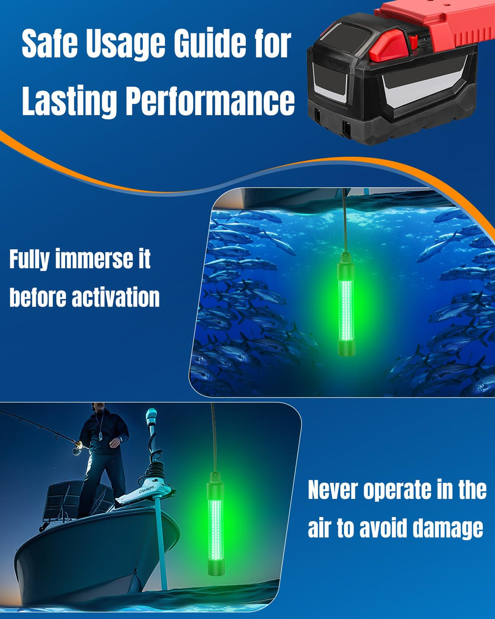 Underwater green fishing light submerged for night fishing