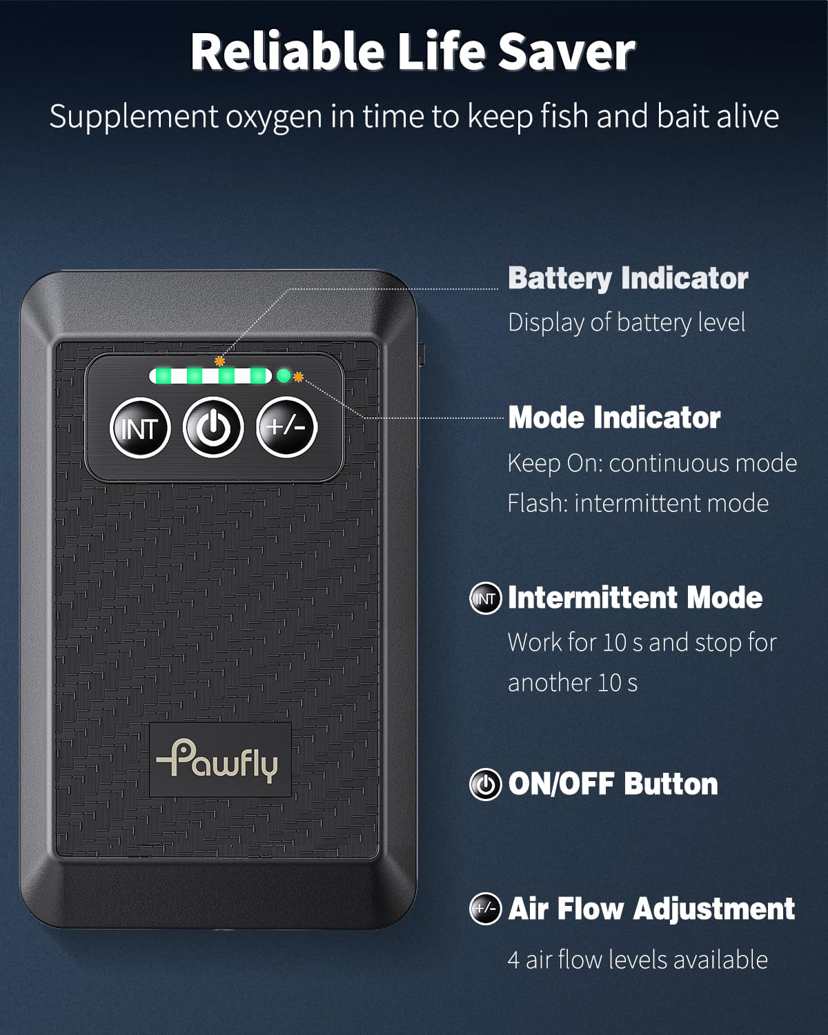 Pawfly 50 GPH max flow keeps bait oxygenated in 10–60 gallon setups