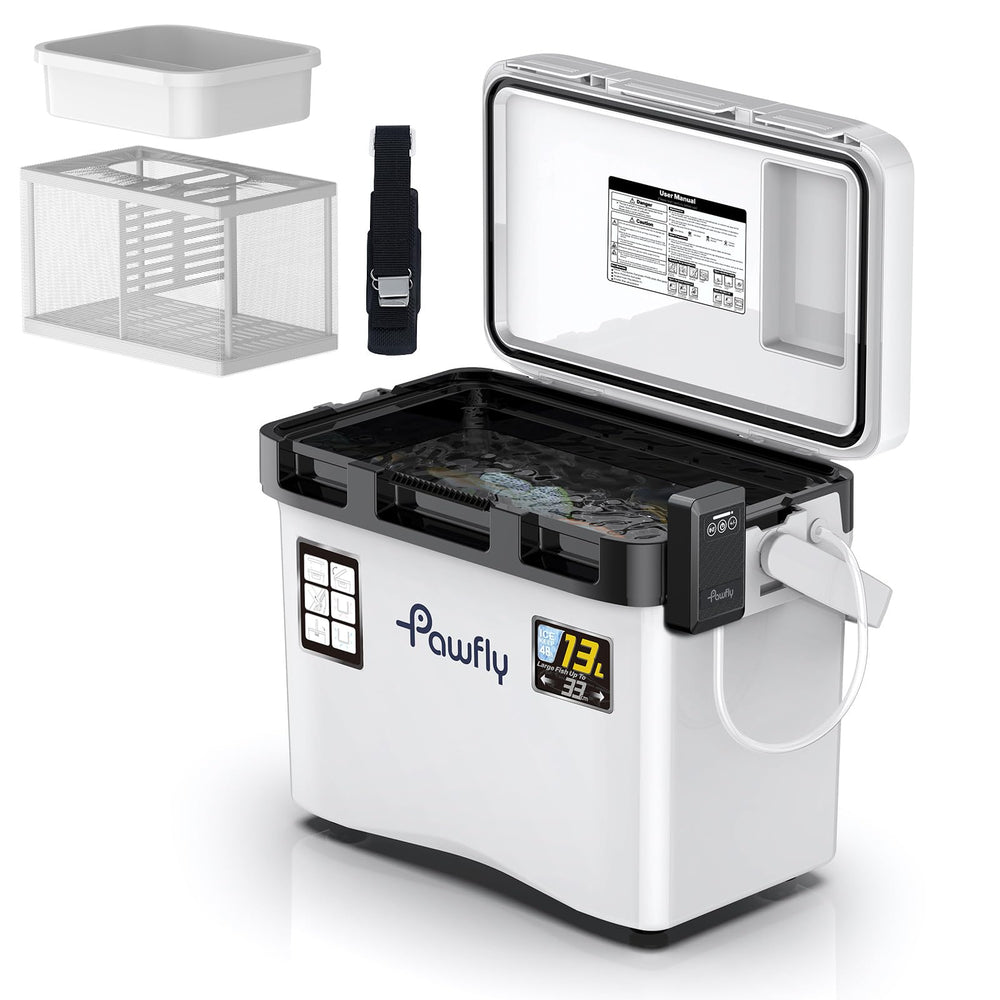 Pawfly 13 Qt live bait cooler with closed lid and carrying handle