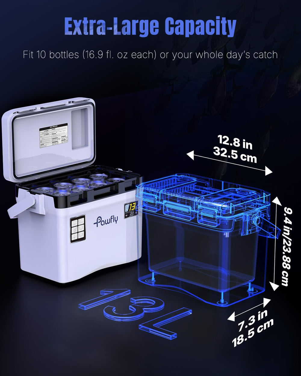 Pawfly Live Bait Cooler interior space supports up to 10 bottles or a sizable catch