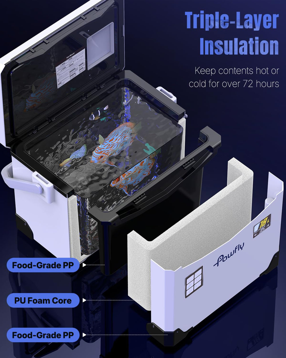 Pawfly rechargeable aerator 2200mAh powering live bait inside the cooler