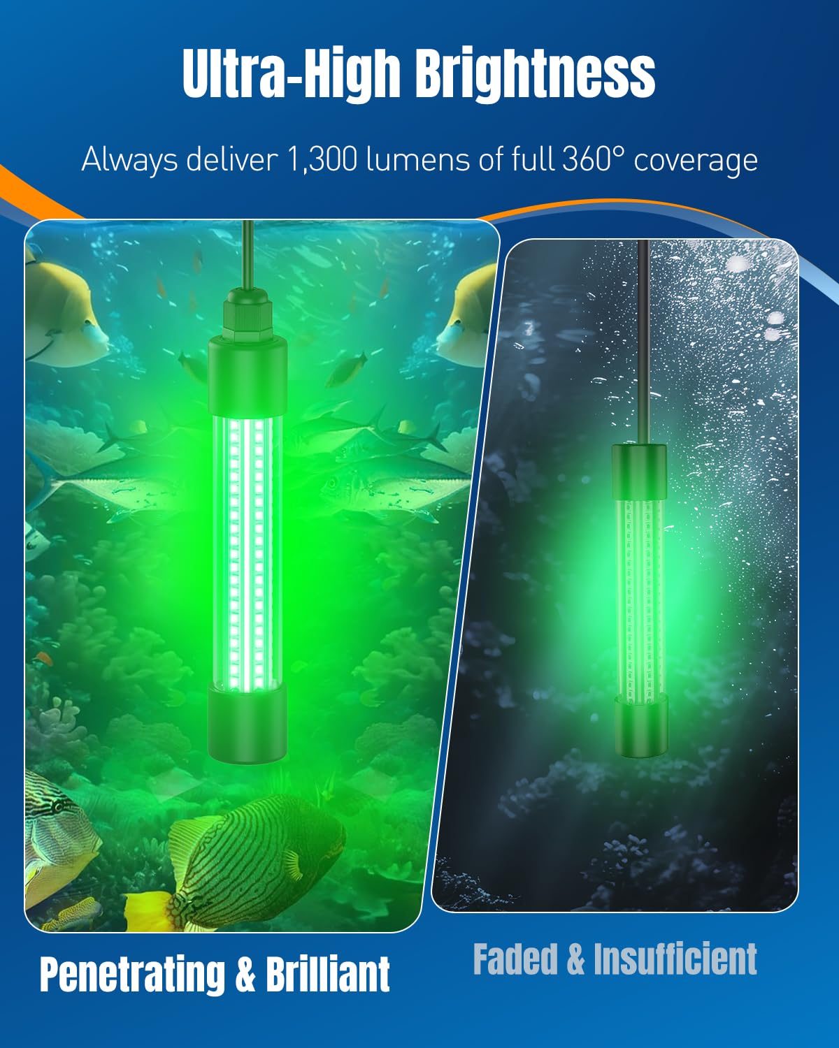 Green LED underwater fishing light illuminated in water