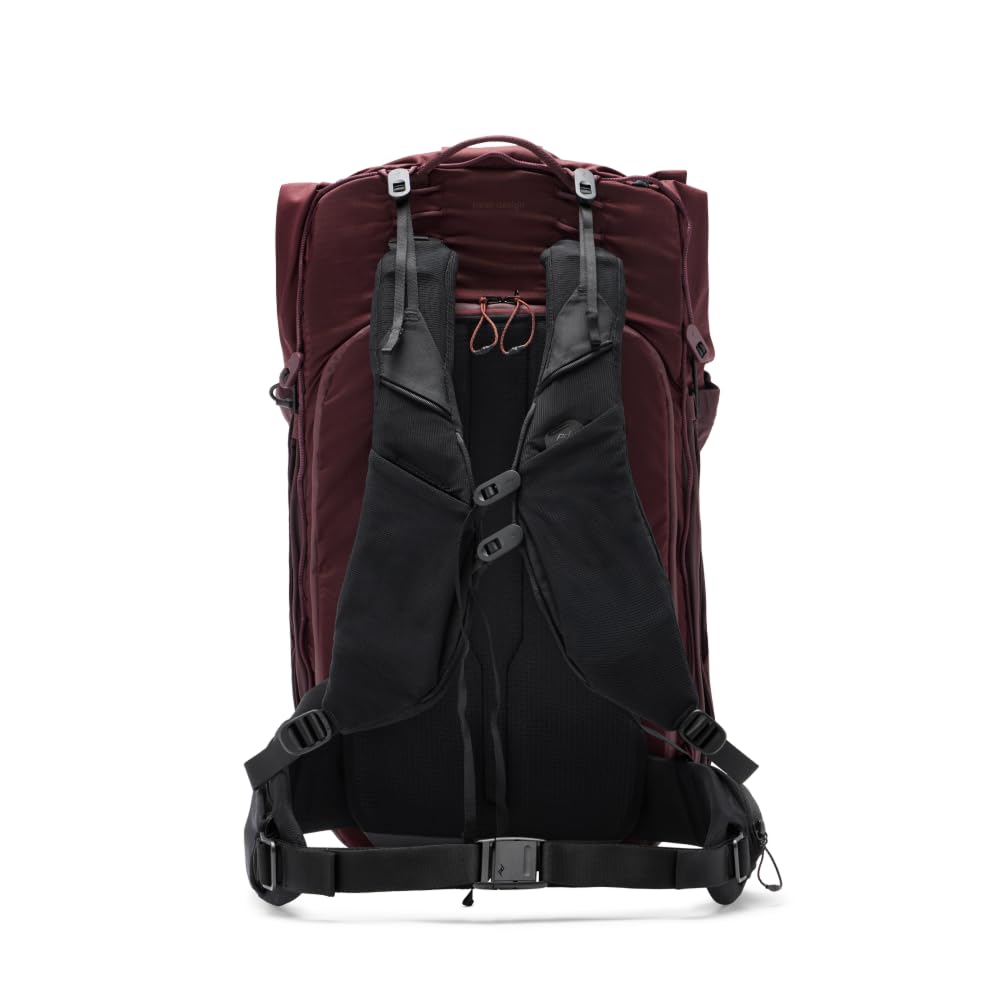Peak Design Outdoor Backpack 45L Eclipse side profile balanced carry with load-lifter straps.
