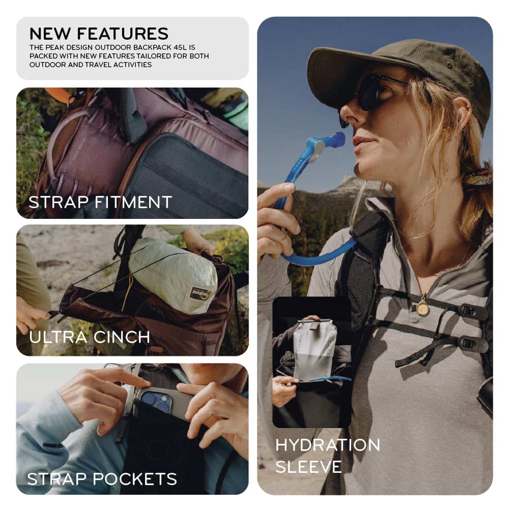 Peak Design Outdoor Backpack 45L modular-packing-tools shows customizable gear organization for cameras and tech.