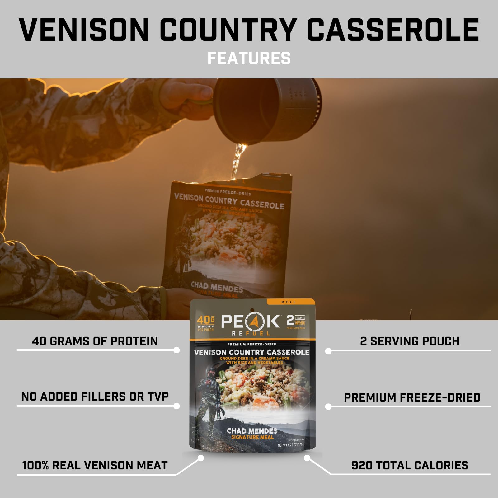 Peak Refuel Venison Country Casserole packaging proudly made in the USA.