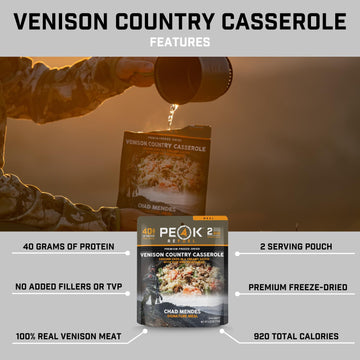 Peak Refuel Venison Country Casserole packaging proudly made in the USA.