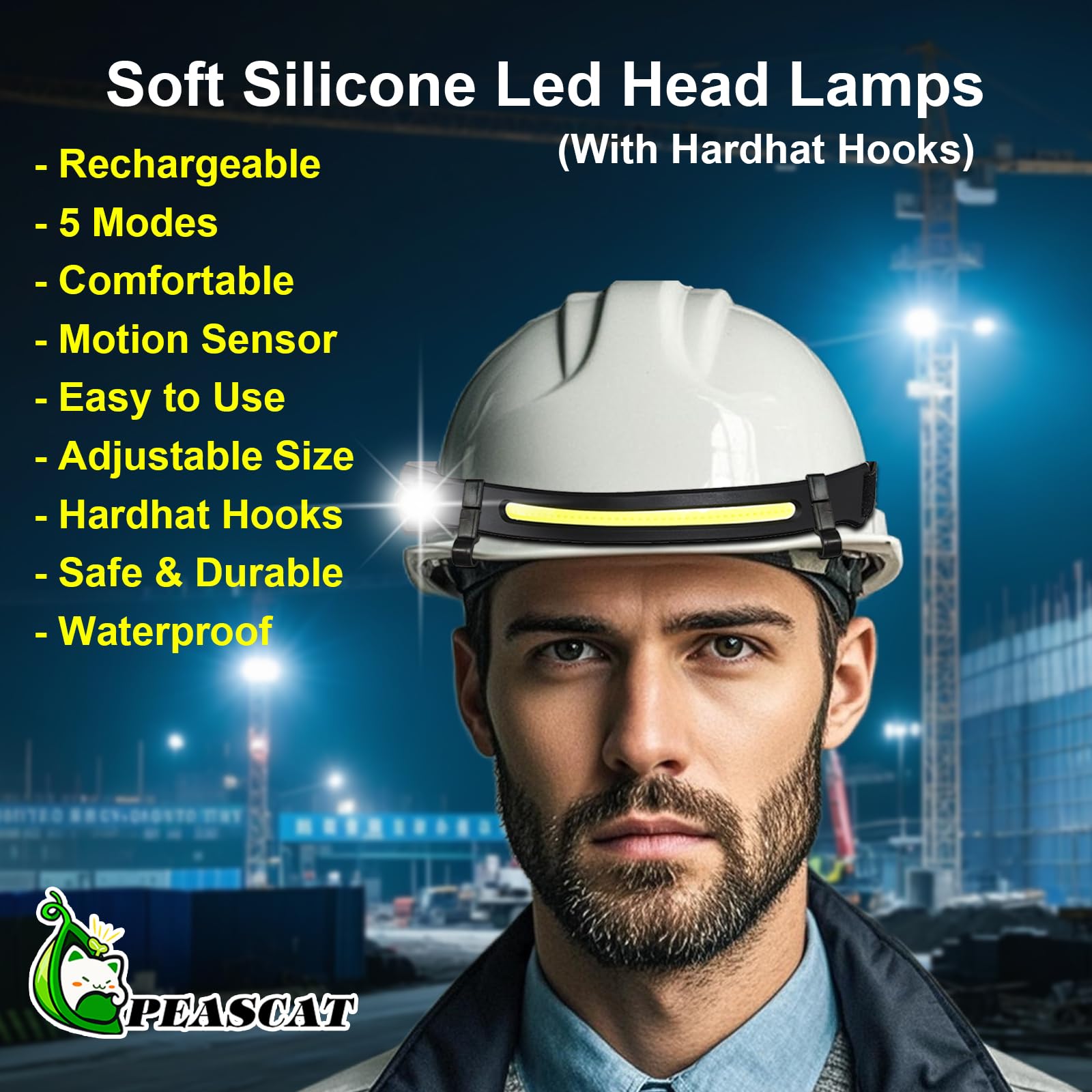 Peascat headlamp wide-beam COB and XPE panels provide 230° coverage.