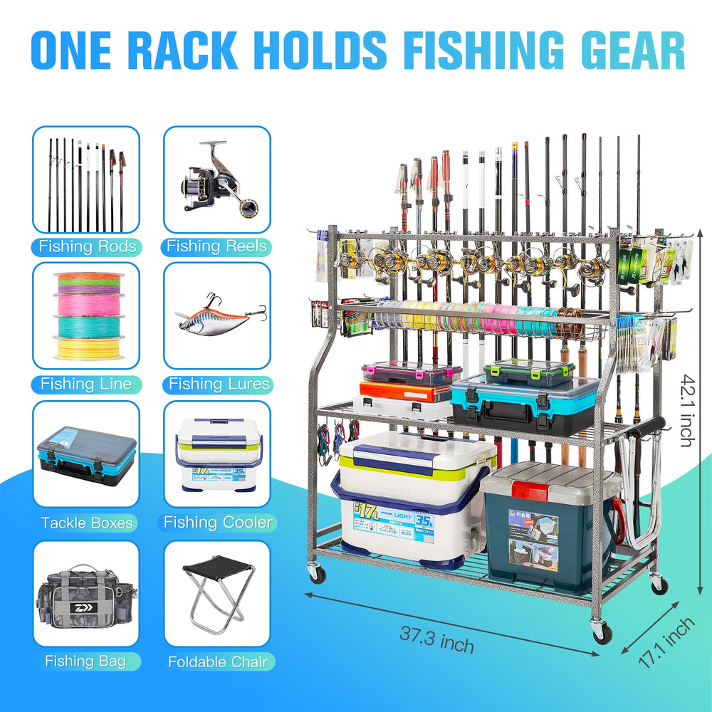 Garage fishing rod rack with wheels and lockable casters