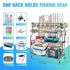 Garage fishing rod rack with wheels and lockable casters