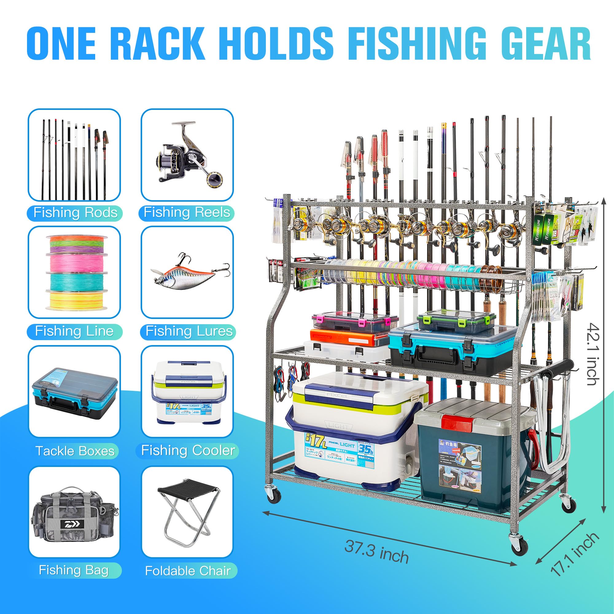 Garage fishing rod rack holds 15 rods and 12 reels