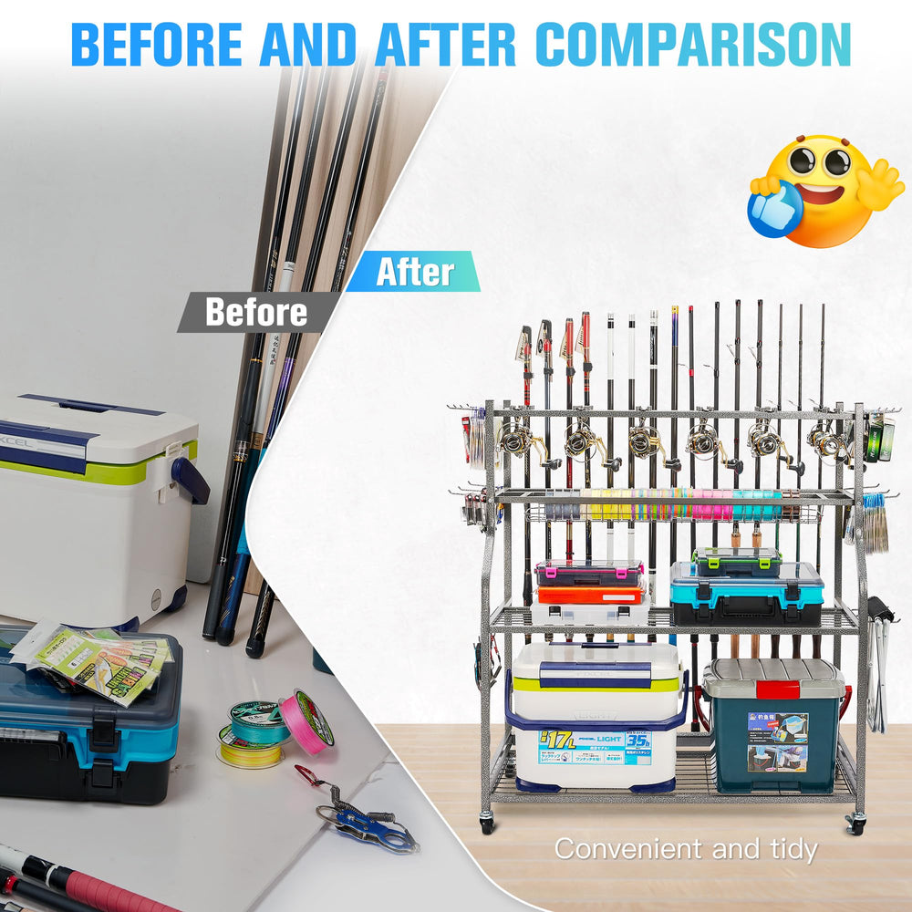 Organized tackle storage with hooks and wheels