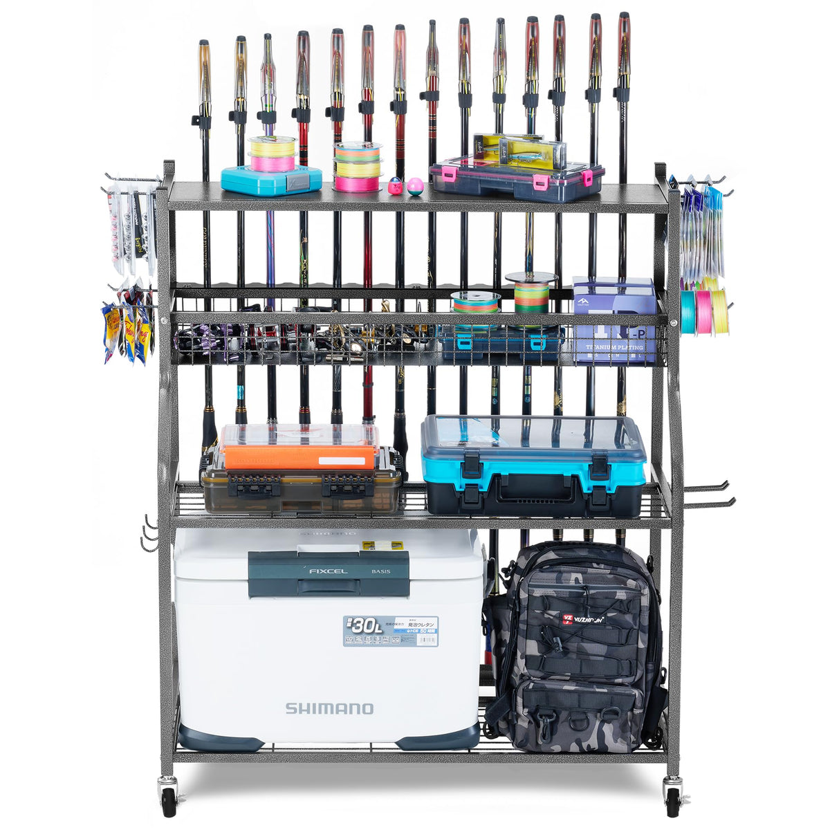 PeBro fishing rod holder rack for garage storage - full product view
