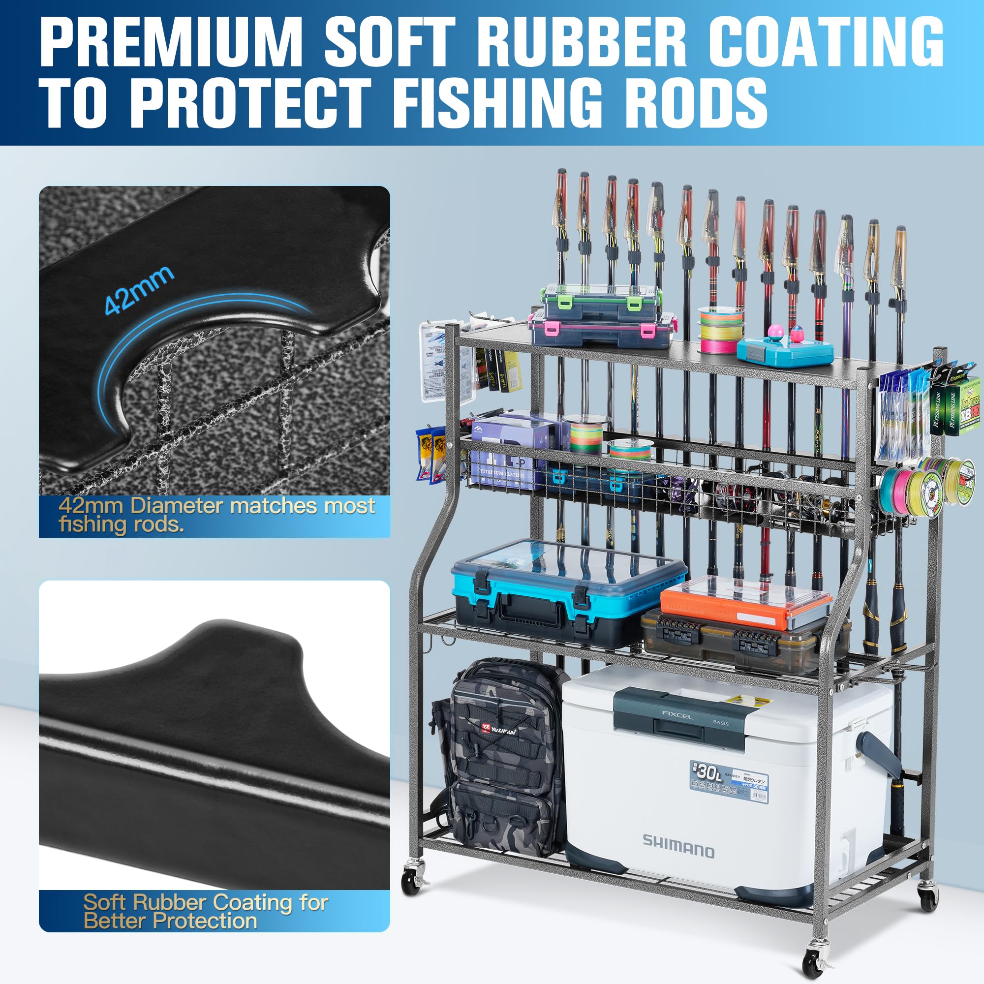 Rod storage holding spinning, baitcasting and round reels
