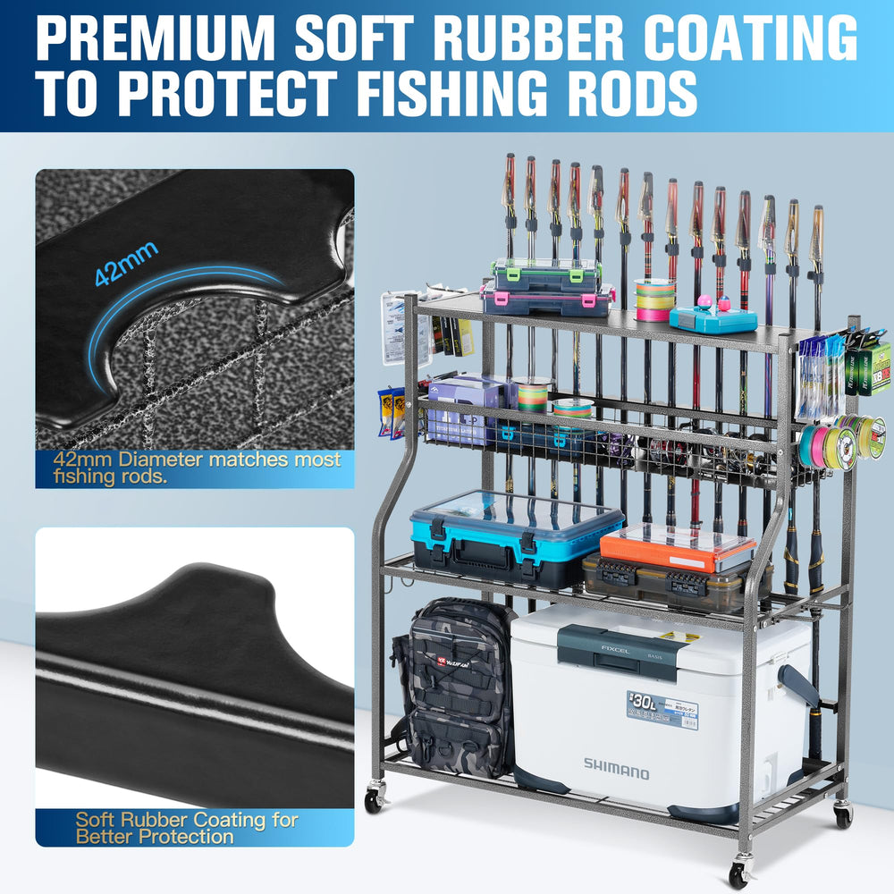 Rod storage holding spinning, baitcasting and round reels