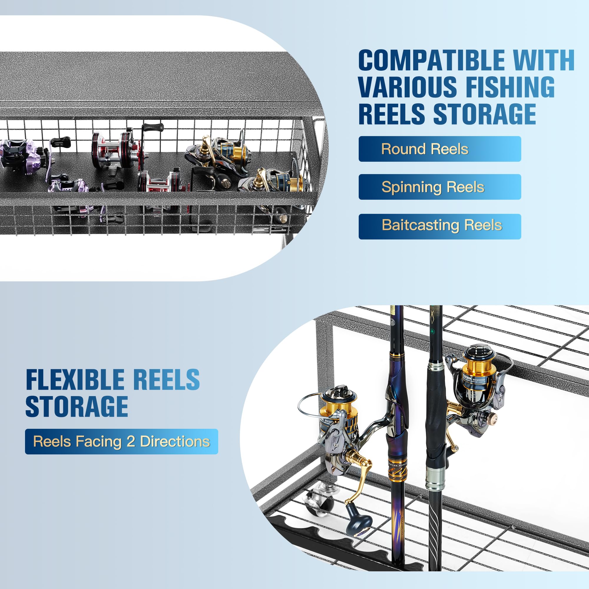 Large capacity rack holding multiple fishing rods, reels, tackle and gear