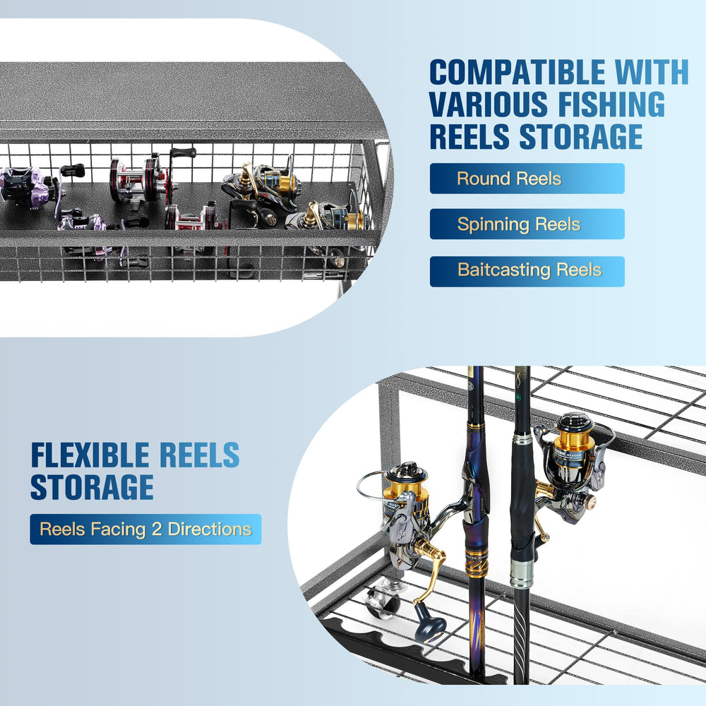 Large capacity rack holding multiple fishing rods, reels, tackle and gear