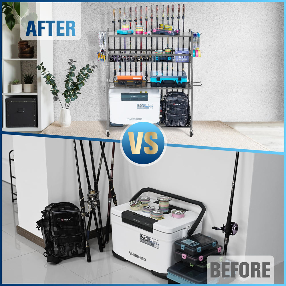 Organized garage with PeBro fishing gear rack for rods, reels and tackle