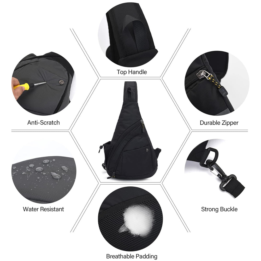 Peicees sling bag buckle front pocket provides quick-access storage.