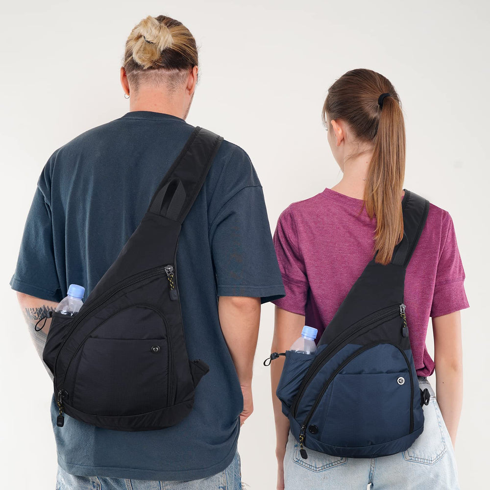 Peicees sling bag durable zipper and buckles ensure secure access.