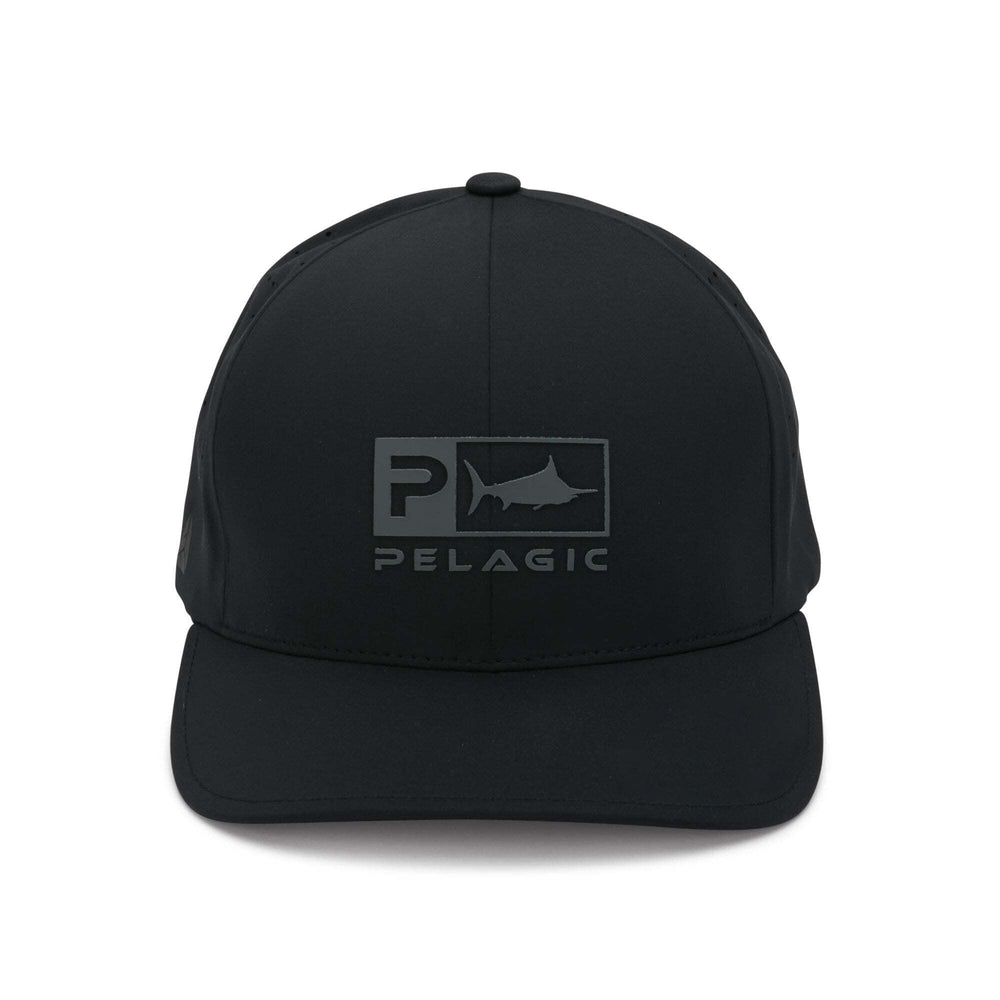 Pelagic Delta Icon Hat Black, back view, adjustable strap for secure, personalized fit.