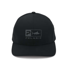Pelagic Delta Icon Hat Black, back view, adjustable strap for secure, personalized fit.