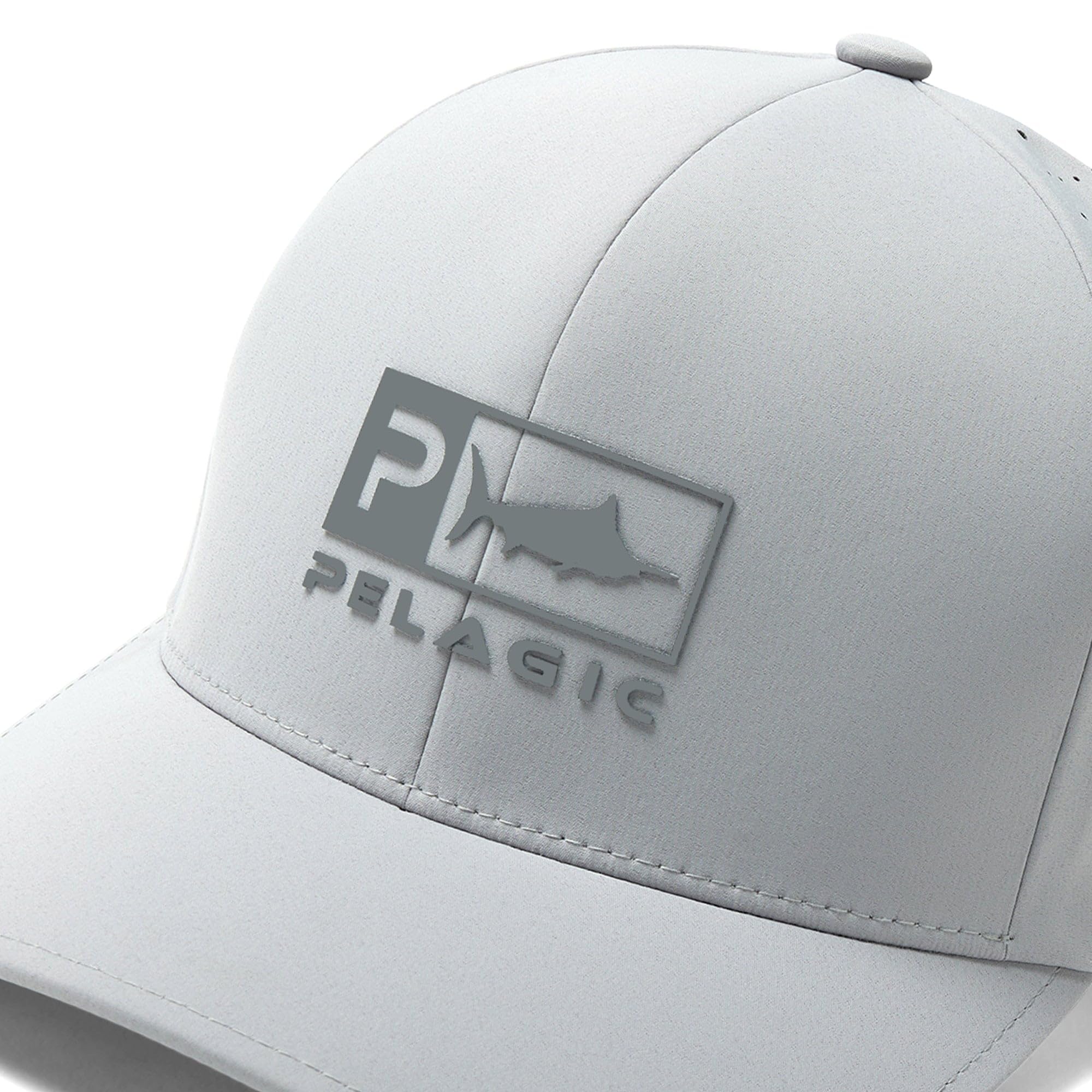 Pelagic Delta Icon Hat light grey logo closeup, high-density emblem for durable branding