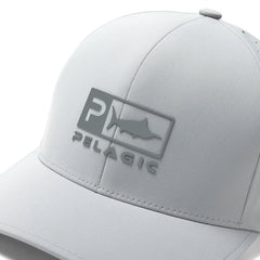 Pelagic Delta Icon Hat light grey logo closeup, high-density emblem for durable branding